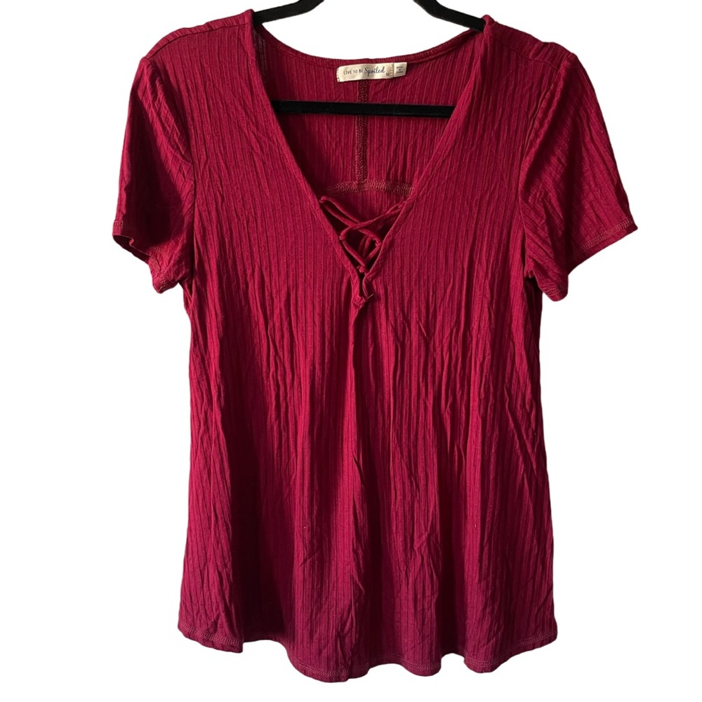 Live To Be Spoiled Crisscross Ribbed V Neck Short Sleeved Tunic Tee
